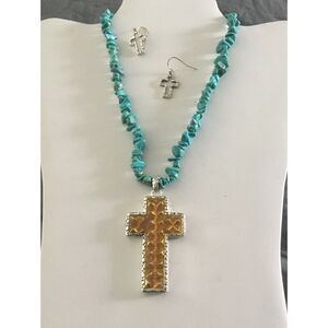 Beautiful Genuine Turquoise Gemstone & Gold Foil Cross Necklace/Earring Set